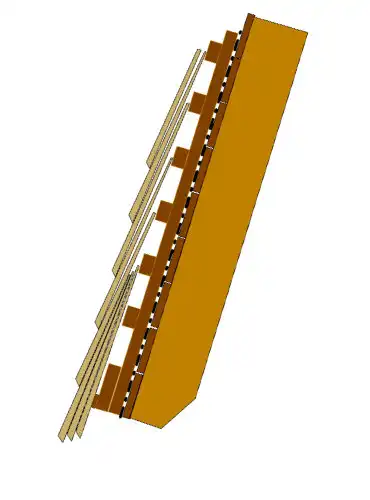 Technische Skizze einer Schindel-Dacheindeckung mit Darstellung der Unterkonstruktion und Lattung.